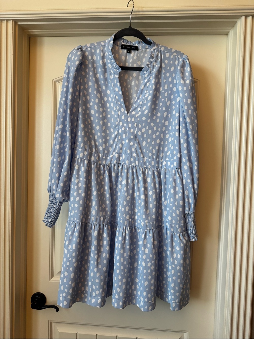 Gibsonlook Light Blue and White Polka Dot Tiered Long-Sleeve Dress